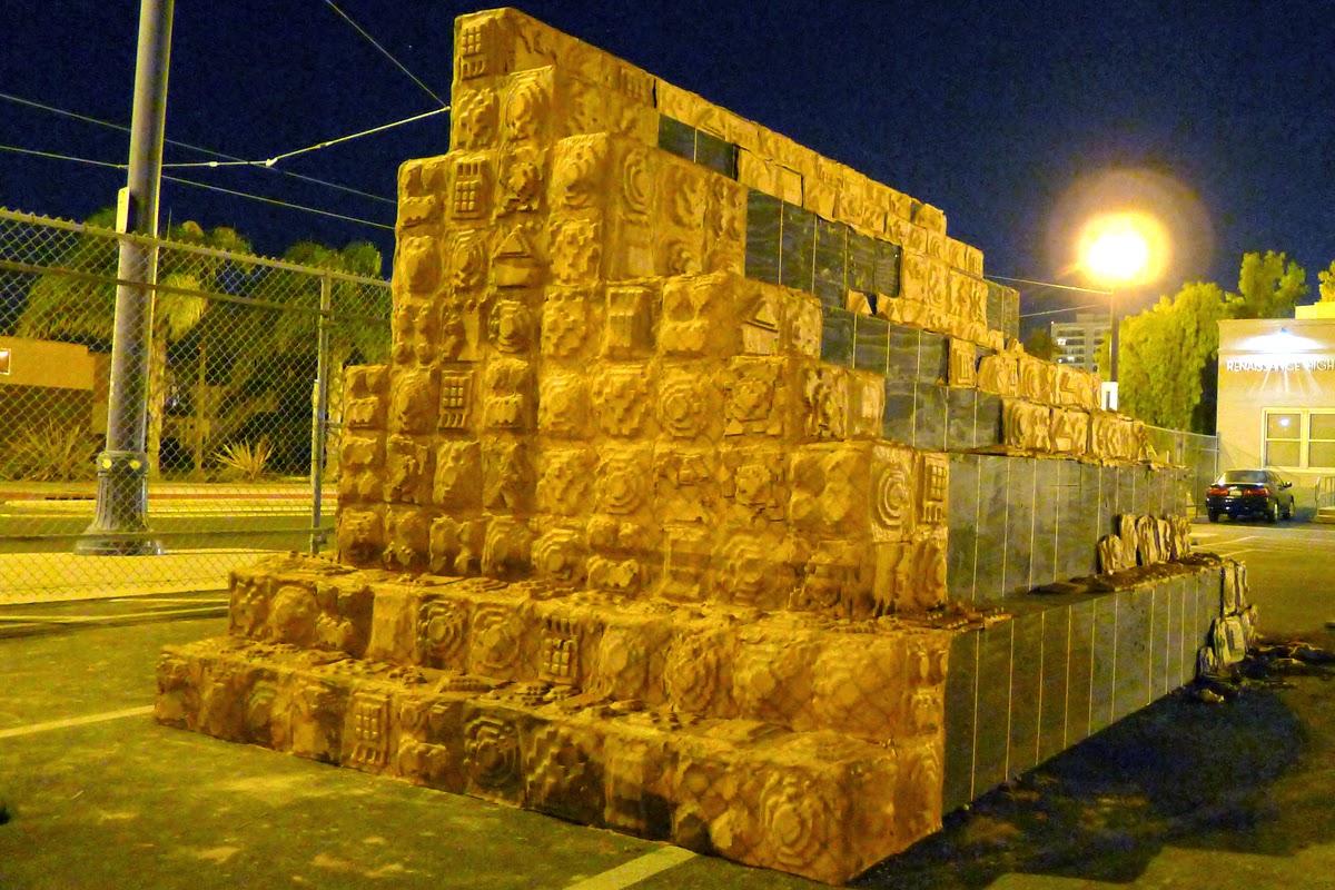 Night shot of completed clay monument
